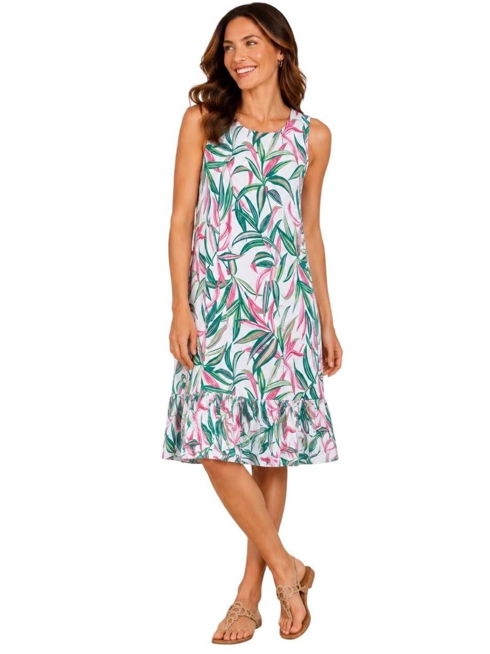 Tommy Bahama Lucky Bamboo Flounce Dress Tropical White/Pink/Green Size Medium